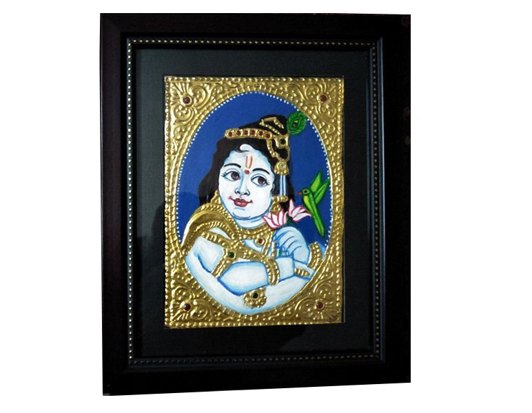Little Krishna in Original Tanjore Art for Wall Decor